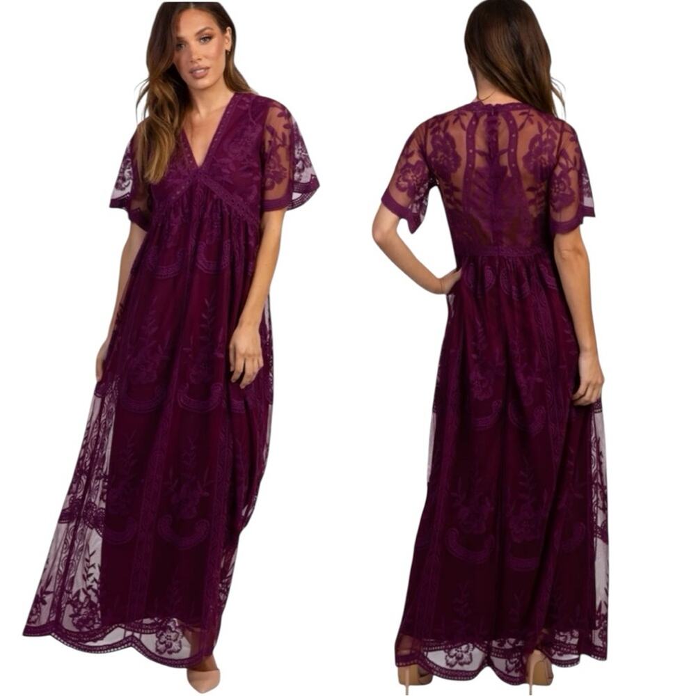 Pinkblush Burgundy Scalloped Edge Lace Overlay Empire Waist Maxi Dress Size S